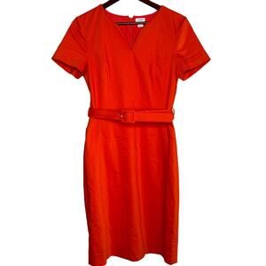 J. Crew Short Sleeve Belted V Neck Sheath Midi Dress Lined Back Zip Up 6 Orange